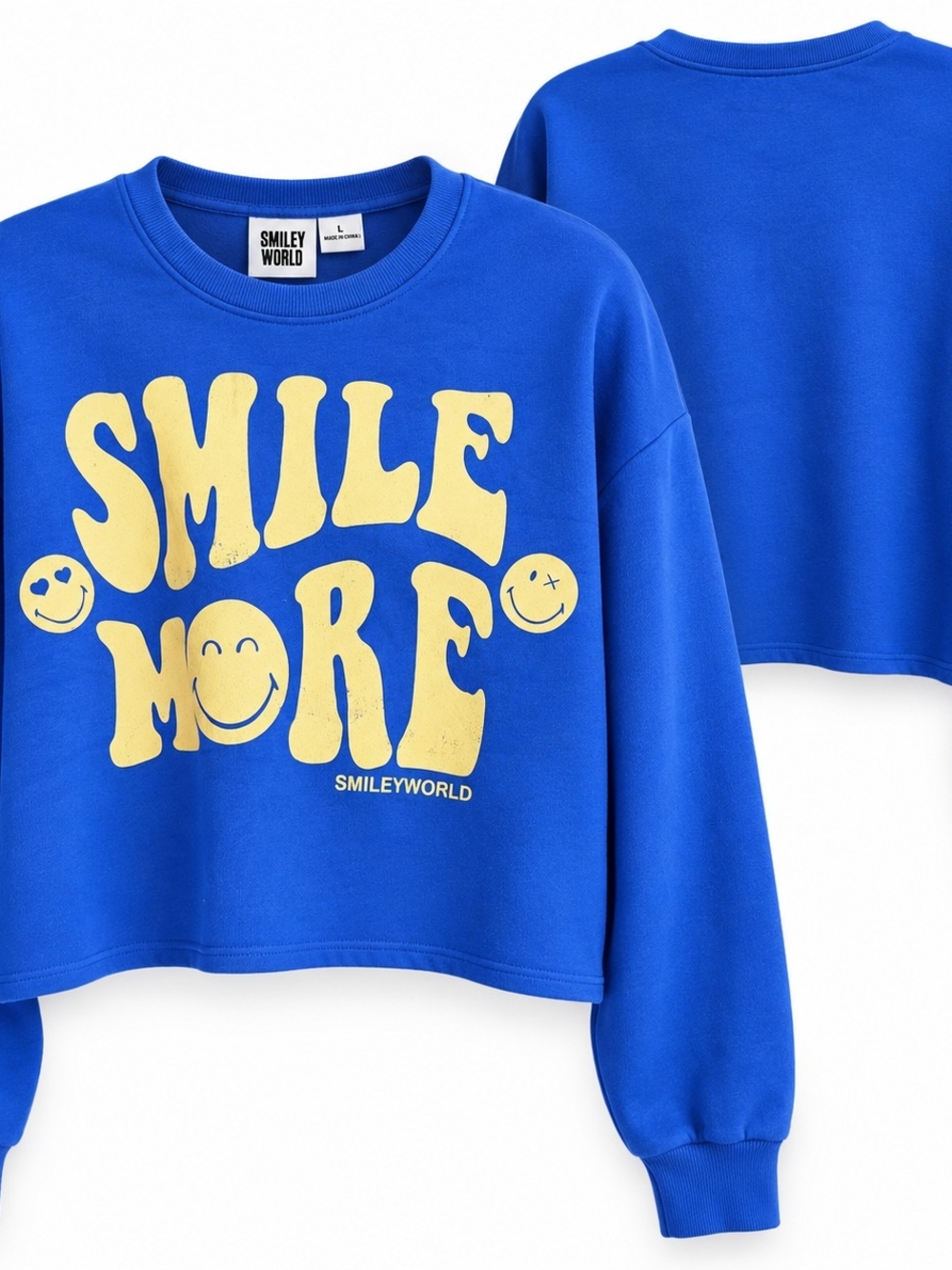 Smiley World Large Blue Smile More Cropped Sweatshirt Y2K Retro Graphic Streetwe